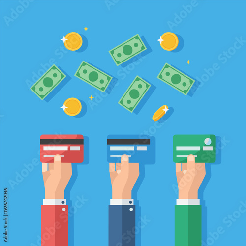 hands holding credit cards with falling money concept