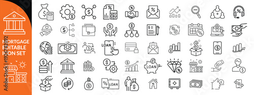 loan line icons. Mortgage, credit, debt, tax etc. Editable stroke