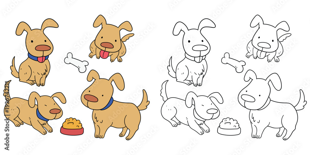 Fototapeta premium Hand-drawn cartoon and doodle set of dogs on a white background.