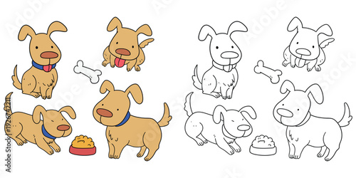 Hand-drawn cartoon and doodle set of dogs on a white background.