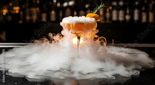 Frozen cocktail on fire with dry ice smoke in a dark bar setting viewed from the front
