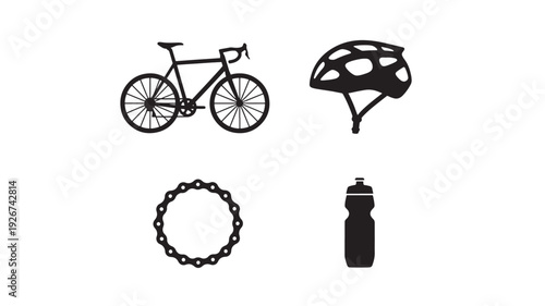 Bicycle and cycling equipment icons set with road bike, helmet, chainring and water bottle silhouettes isolated on white featuring cyclist, sprocket, gear with drivetrain and cassette elements for