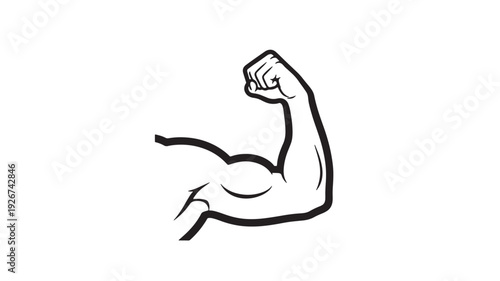 Muscular flexed arm icon in black and white line art showing strength, power and fitness concept on white background featuring muscle, bicep, flex with flexing and strong elements for gym, workout