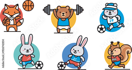 Cartoon Animals in Sports: A delightful collection of cartoon animals engaged in various sports activities, embodying fun and playful energy.Cute cartoon animal icon set featuring funny baby rabbits a