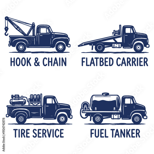 Vintage Service Trucks Collection: Hook & Chain, Flatbed, Tire, Fuel Tanker Illustrations