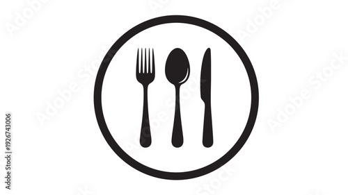 Cutlery icon with fork spoon and knife inside round plate symbol, simple black restaurant sign isolated on white background featuring utensil, utensils, flatware with tableware and silverware