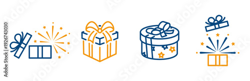 gift box icons, set icon of isometric gift boxes, cylinder and cub form, present or surprise, thin outline editable stroke 