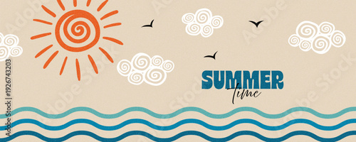 Summer time. Groovy, hippie summer horizontal banner with sun and sea. Abstract retro poster. Seventies, groovy background. Hippie Aesthetic. Vector print