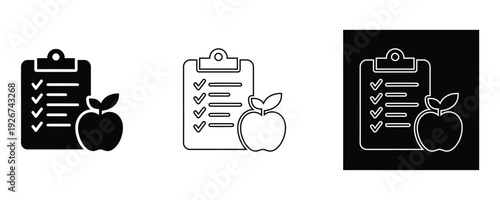 Checklist icons with apples on clipboard for healthy habits and organization