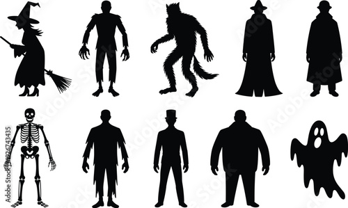 Collection of Halloween Character Silhouettes Including Witch, Vampire, Werewolf, Skeleton, Ghost, and Spooky Figures for Horror and Holiday Designs