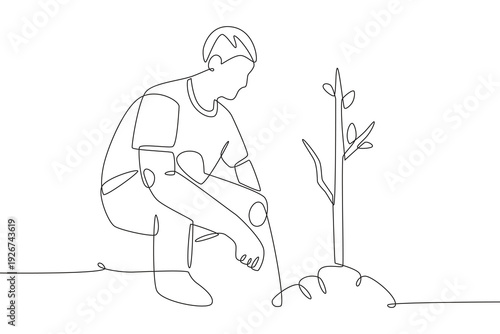Man who takes care of trees. Plant care concept one-line drawing