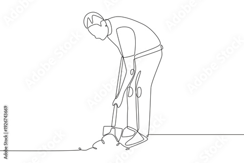 Man hoeing the ground. Plant care concept one-line drawing