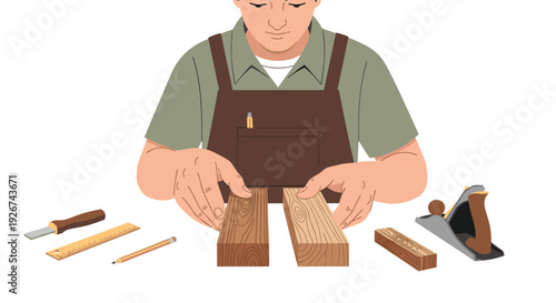 A carpenter wearing a brown apron and green shirt works with wooden blocks and hand tools on a white surface.