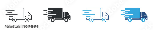 Fast delivery icon set, shipping truck speed symbol, express logistics sign, courier service vector illustration