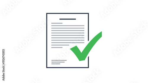 Approved document or completed task showing a white sheet of paper with text lines and a large green checkmark mark on it.