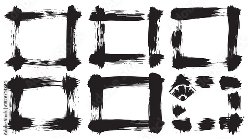 Grunge brush stroke frame set in black ink, hand painted square borders and abstract shapes for edgy design on white featuring rough border, paint strokes, monochrome with isolated and template