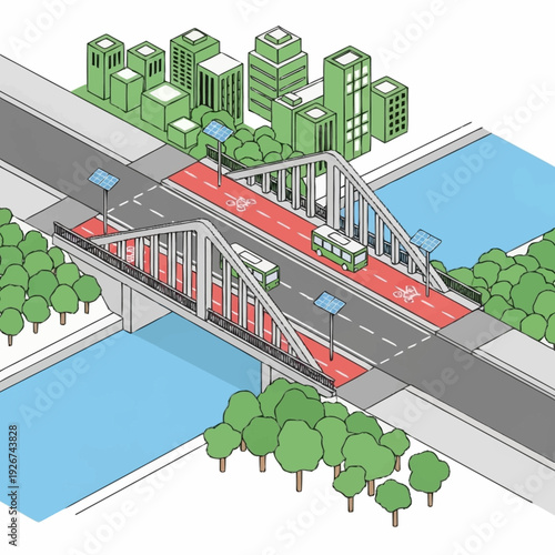 Modern City Bridge with Dedicated Bike and Bus Lanes.
