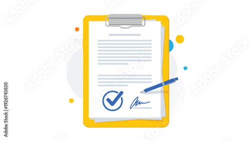 Business agreement or signed contract concept showing a yellow clipboard with a document marked with a check and a blue pen.
