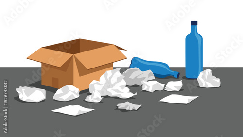 Environmental pollution concept showing a cardboard box surrounded by crumpled white paper and blue plastic water bottles on the ground.