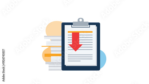 Document download or priority task concept featuring a clipboard with a large red arrow pointing downwards over text lines.
