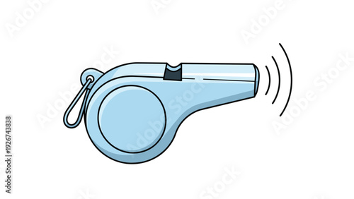 Blue sports whistle icon emitting sound waves to signify an alert start signal or a referee decision on a white background.