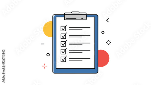 Task management or survey concept featuring a blue clipboard with a checklist showing several items marked with black ticks.
