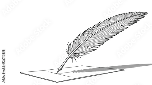 Elegant quill feather pen used for writing on a single sheet of paper with a soft shadow on a white background.