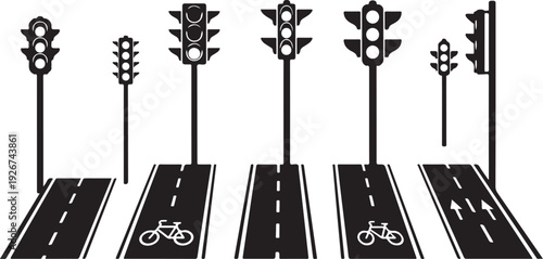 Traffic lights and roads with bike lanes illustration