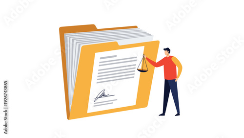 Legal services or law firm concept featuring a giant folder full of documents and a professional holding justice scales.