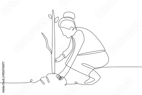 Woman planting a tree. Plant care concept one-line drawing