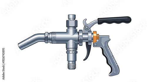 Industrial metal spray gun or high pressure air nozzle with a black handle and various valve connections on a white background.