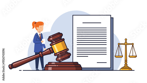 Law and courtroom concept featuring a female judge standing next to a giant gavel document and golden scales of justice.