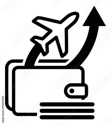 Line art illustration of travel expenses depicting money leaving a wallet with an upward trend for financial management