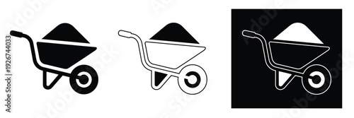 Set of modern wheelbarrow icons in black and white for construction and gardening projects