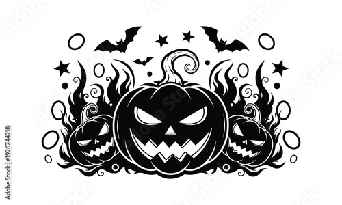 Scary Jack-o-Lanterns with Bats and Stars on Black Background