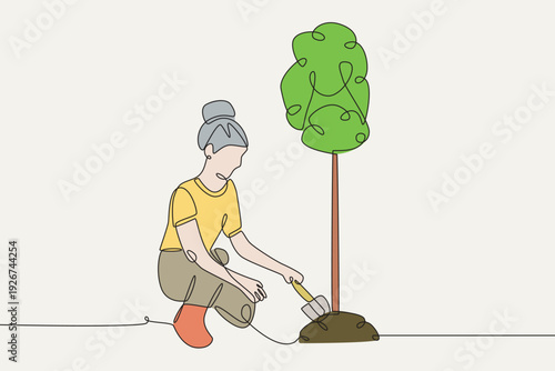Colored Woman planting a tree. Plant care concept one-line drawing