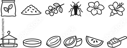 Collection of simple line art icons representing garden and nature elements