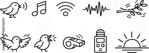 Collection of simple line icons representing sound, communication, and nature elements