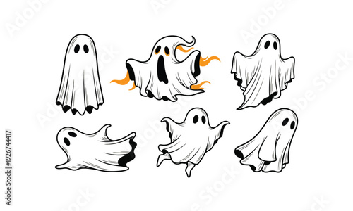 Set of Six Hand-Drawn Ghosts in Different Poses and Expressions