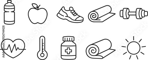 Collection of health and fitness icons including water bottle, apple, shoe, yoga mat, dumbbell, heart, thermometer, and sun