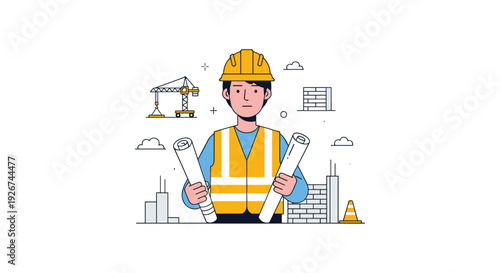 A male construction worker wearing a yellow hard hat and safety vest holds two rolled blueprints in front of a construction site illustration.