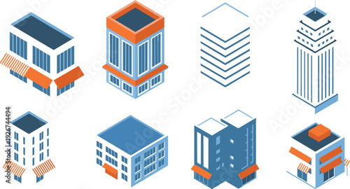 Isometric building illustration featuring diverse architectural styles including offices, apartments, and commercial structures in modern urban vector design.