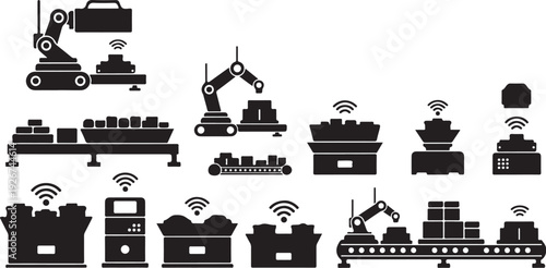 Industrial Automation and Robotics Manufacturing Factory Icons Set