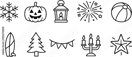 Collection of festive and seasonal icons including snowflake, pumpkin, lantern, fireworks, and beach ball