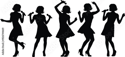 Five black silhouettes of women singing into microphones dancing