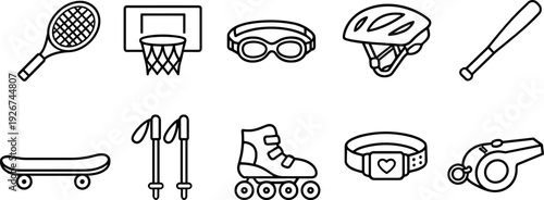 Collection of sports equipment and accessories in a simple line art style