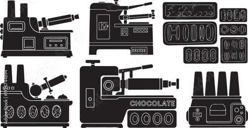 Chocolate factory machines and molds in black and white