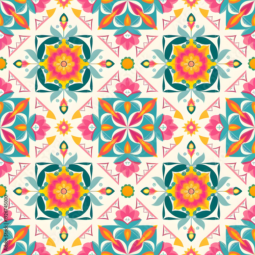 vector seamless repeating rangoli pattern in flat vector style. The design features symmetrical geometric shapes, floral motifs, peacocks, lotus flowers, and traditional oil lamps (divas).