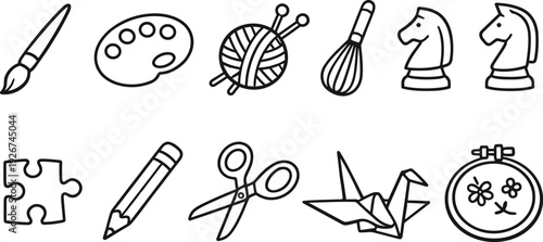 Collection of hand-drawn icons representing various hobbies and creative activities