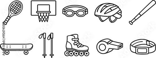 Collection of sports equipment and accessories in a simple line art style